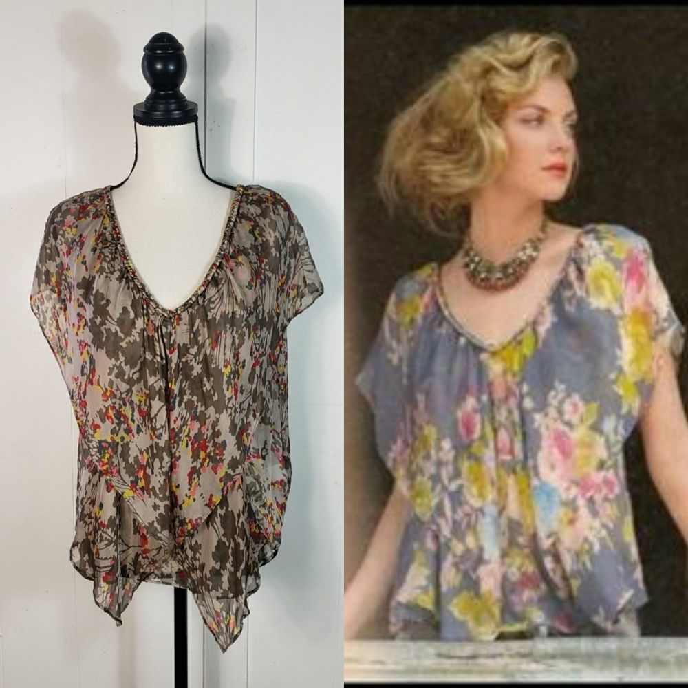 POSTELLA Brown Red Floral Silk Flutter Top Size Small